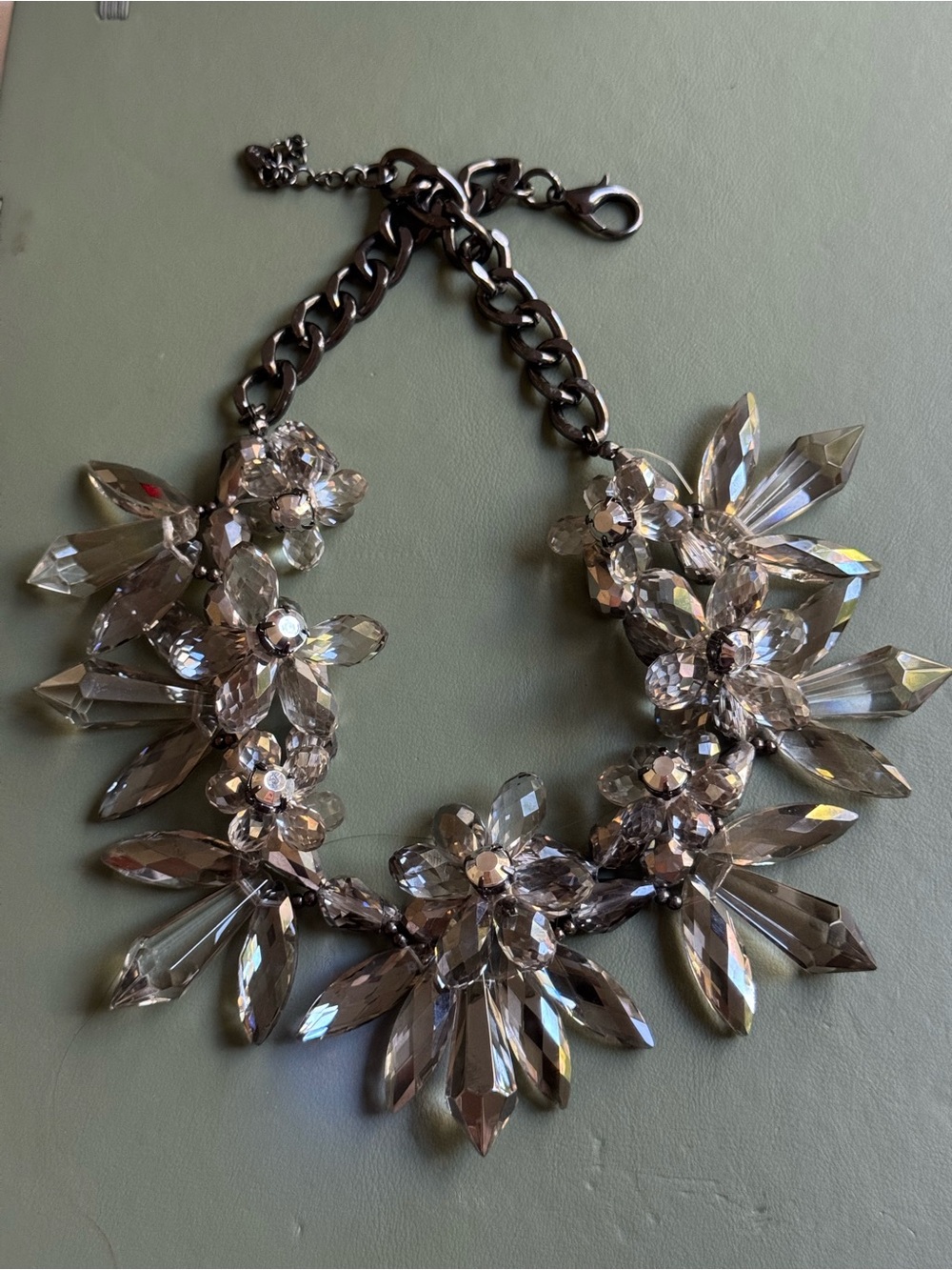 Zara Gunmetal Smoky Glass Crystal Floral Bib Statement Necklace.